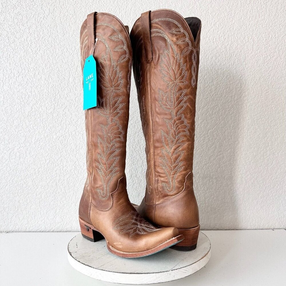 Lane SANDAGA Knee High Cowboy Boots Womens 9 Brown Leather Snip Toe Western Tall